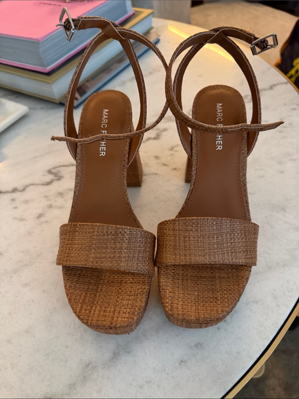 Marc Fisher Brown Woven Block platform Heel Sandals with Ankle Strap